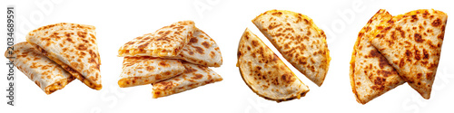 Cheese quesadilla slices set isolated on transparent background. Grilled Mexican tortilla wrap with melted cheddar cheese filling for fast food menu and snack concept.