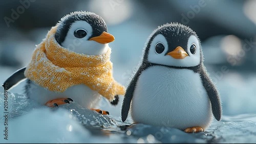 Two playful penguins on icy terrain with snowflakes