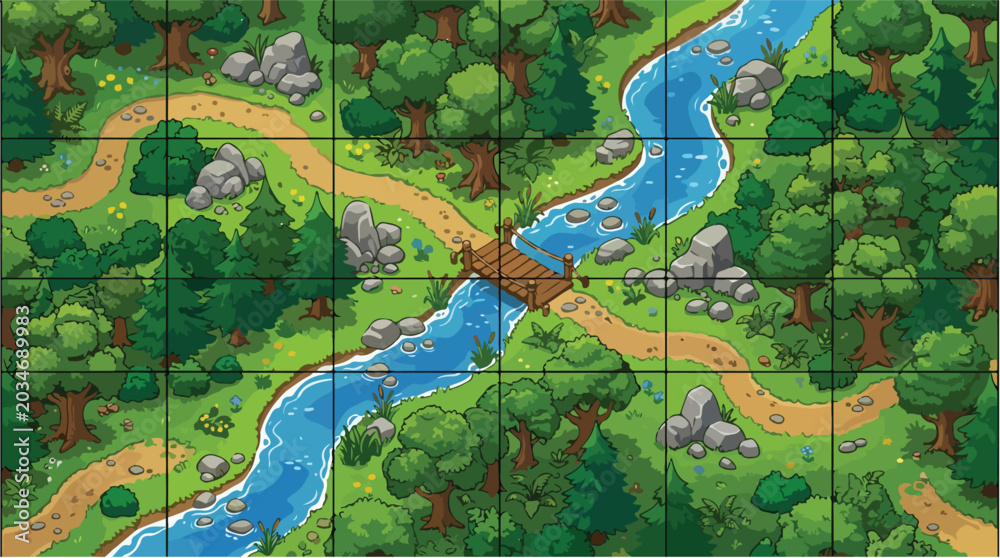 Fototapeta premium Pixel art forest game map with river and bridge, top down fantasy landscape vector, green woodland battle map with grid for RPG