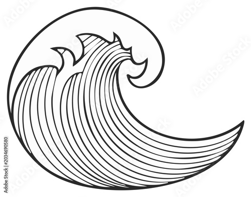 Stylized ocean wave illustration, curving and breaking in a linear black and white design.