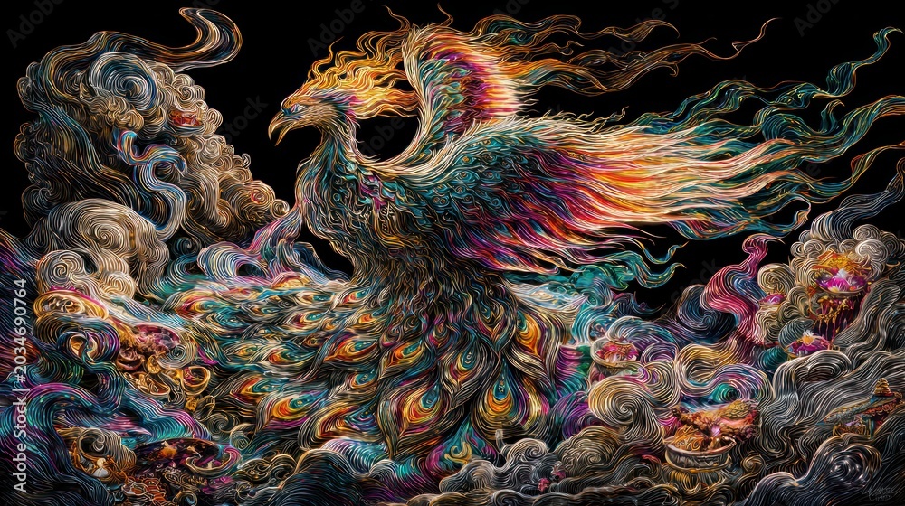 Obraz premium Vibrant phoenix soaring amidst swirling clouds against a black backdrop