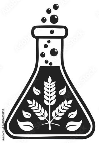 Scientific Flask Filled with Wheat Stalks and Bubbles Vector Illustration