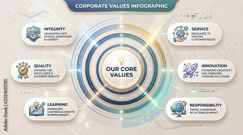 Corporate values infographic with core values and icons on beige background high quality 4k trending