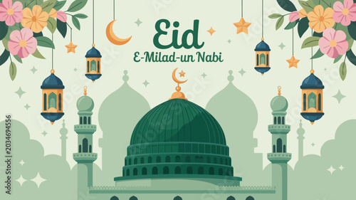 Foto Eid al milad un nabi celebration with mosque crescent moon and floral decoration