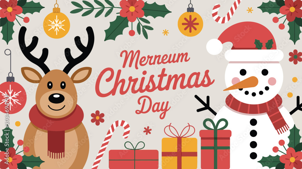 Fototapeta premium Festive christmas illustration featuring reindeer snowman gifts and holiday decorations