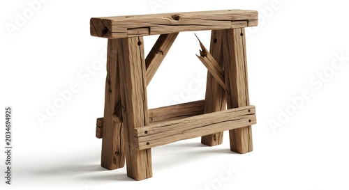 Rustic Weathered Wooden Sawhorse Studio Isolated on White Background for Construction Carpentry Craft Concepts