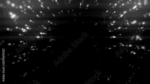 Abstract streaks of white light accelerate towards the viewer against a deep black void, suggesting speed and motion.