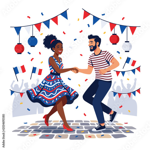 Couple dancing joyfully at a French celebration with confetti