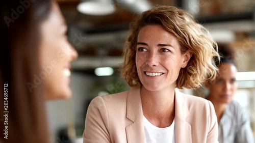 Two women engaging in a friendly conversation indoors