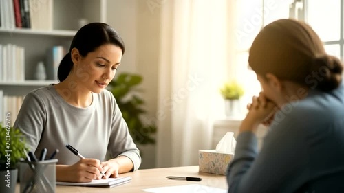 Two women in a counseling session, one taking notes
