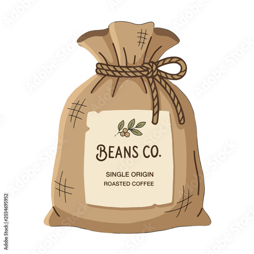 Burlap coffee bean sack vector illustration, rustic single origin coffee packaging