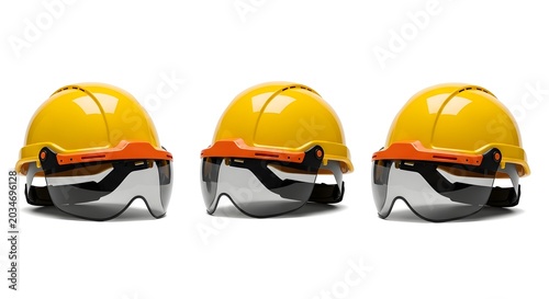 Three Yellow Construction Safety Helmets with Visors Isolated on White Background