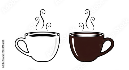 Two steaming ceramic cups, one white and one brown, with hand-drawn style vapor wisps on empty background