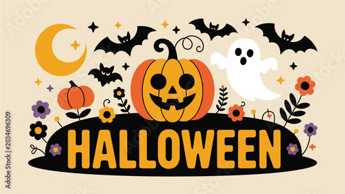 A whimsical halloween scene with a jack o lantern bats and a friendly ghost
