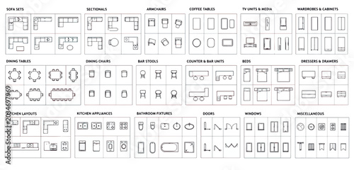 Tableau sur toile Architectural floor plan furniture symbols, interior design vector icons for roo