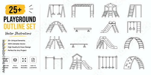 Cuadro en lienzo Playground outline set with 25 plus vector icons, minimalist park equipment line