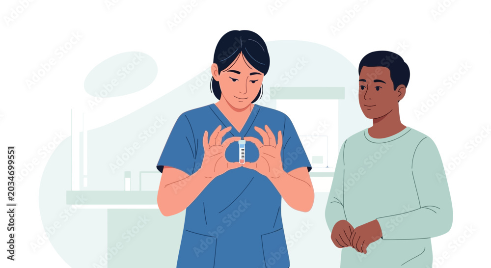 Fototapeta premium Nurse shows vial of vaccine to patient, promoting health and care