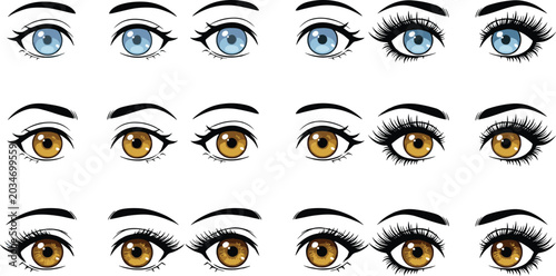 Foto Female Cartoon Eye Illustration Set with Blue and Brown Iris Variations, Eyelash