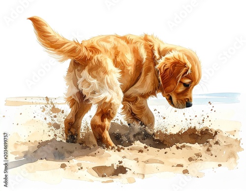 Watercolor Golden Retriever Digging on the Beach — Playful Summer Dog Illustration