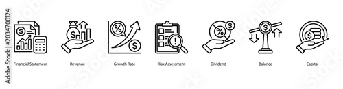 Foto Financial Reports web banner icon vector illustration featuring Financial Statement, Revenue, Growth Rate, Risk Assessment, Dividend, Balance, and Capital