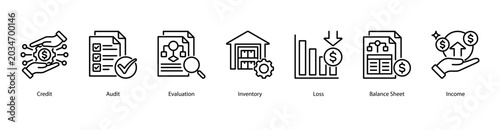 Accounting Essentials web banner icon vector illustration featuring Credit, Audit, Evaluation, Inventory, Loss, Balance Sheet, and Income.