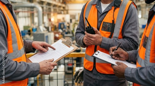 Professional maintenance technicians coordinating safety checks with clipboards and radios inside an industrial factory. Warehouse inspection team reviewing work permits and equipment status during