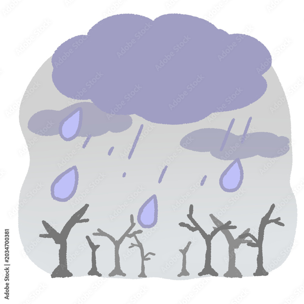 Fototapeta premium Rain clouds over bare trees in pastel illustration