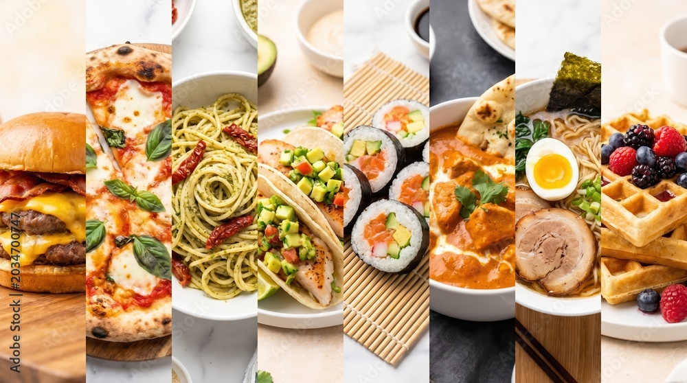 Fototapeta premium Vertical collage of various international dishes including cheeseburger pizza pesto pasta tacos sushi curry ramen and waffles on white and wooden surfaces