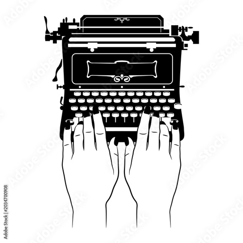Two female hands with long manicured nails typing on a vintage mechanical typewriter. Creative concept. Black and white silhouette.