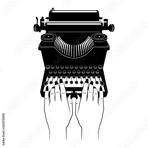 Two female hands with long manicured nails typing on a vintage mechanical typewriter. Creative concept. Black and white silhouette.