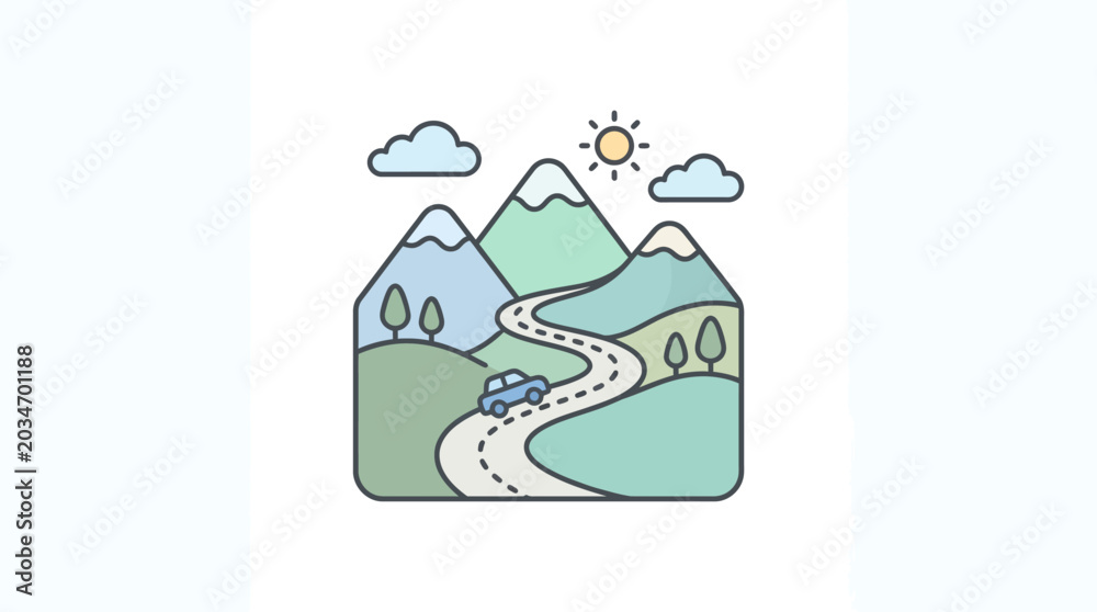 Fototapeta premium Stylized illustration of mountains road car sun and clouds in daylight