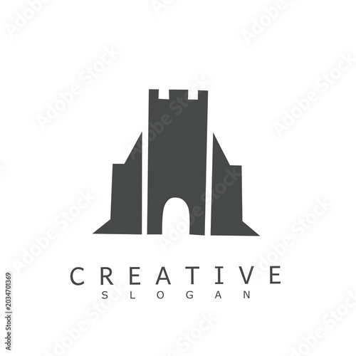 Foto Minimalist castle fortress logo icon in dark monochrome style
