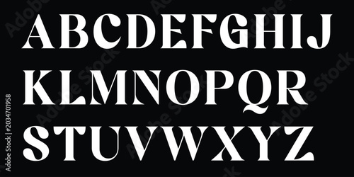 Full set of elegant serif alphabet letters on black background, clean white font, modern and classic typography.