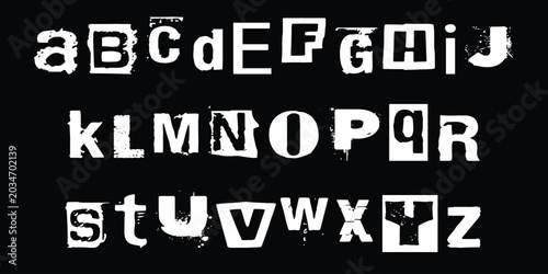 Foto Alphabet collection in ransom note style featuring distressed cutout letters with grunge texture on black background
