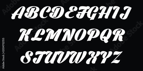 Konstfotografi Italic script alphabet with thick calligraphic strokes and elegant curved letters presented in white on black color