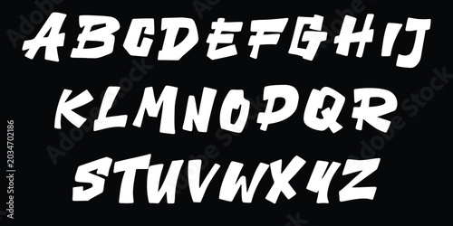 Hand drawn playful alphabet featuring thick slanted white letters with irregular shapes for casual graphic design work.