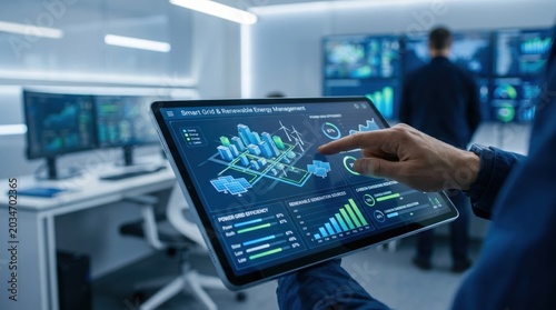 Smart grid control room interface displaying 3D city model and energy efficiency metrics