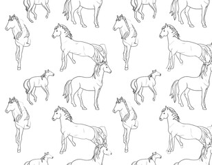 Black-and-white illustration. Pattern features various horse poses on a white background, creating a repeated motif. The drawings are elegant
