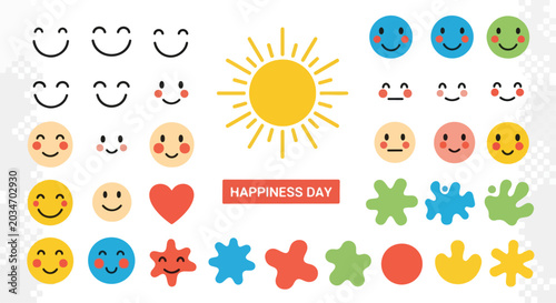Happiness Day vector collection, cheerful smiley face icons and sun illustration, colorful emoji set with heart and organic shapes for social media