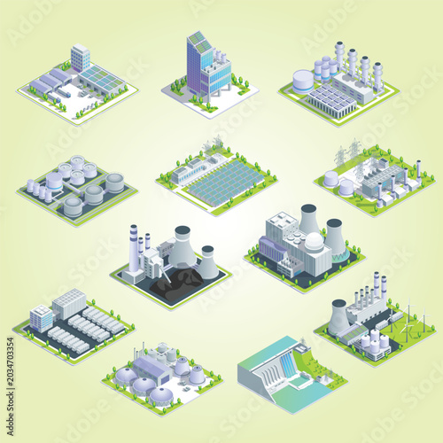Cartoon color different types industrial energy building set concept 3d isometric view vector urban collection smart factory company