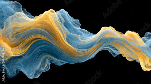 Abstract flowing waves of blue and gold smoke or color clouds creating a dynamic and ethereal abstract design on a dark background, seamless, fluid motion