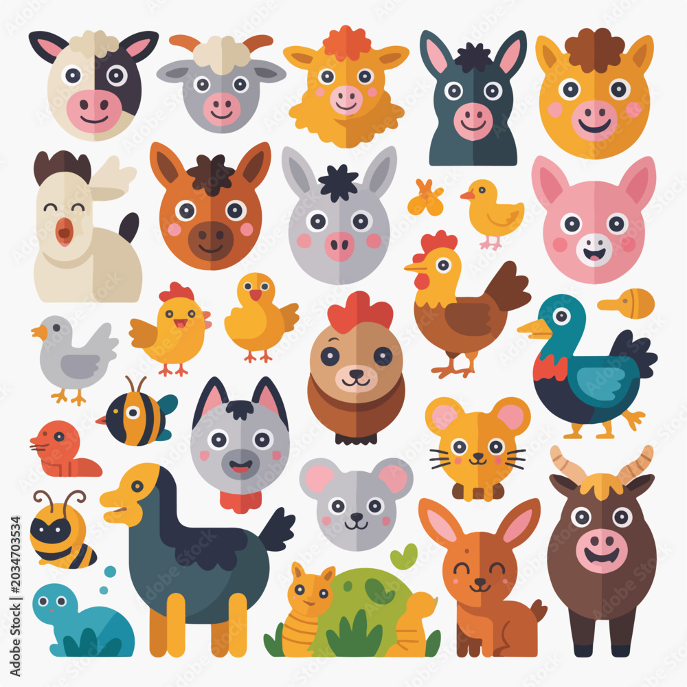 Fototapeta premium Cute Farm and Cartoon Animal Flat Vector Collection