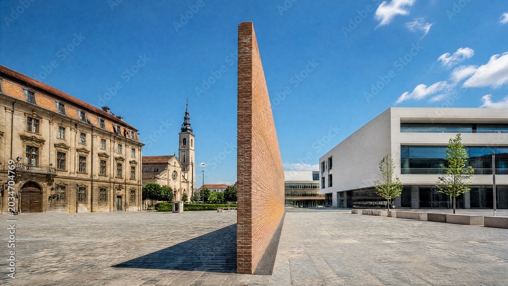Obraz premium division. A new brick wall dividing a once-unified stone plaza. real-estate listings, architecture portfolios, designed for architectural facade and classical detail presentations.