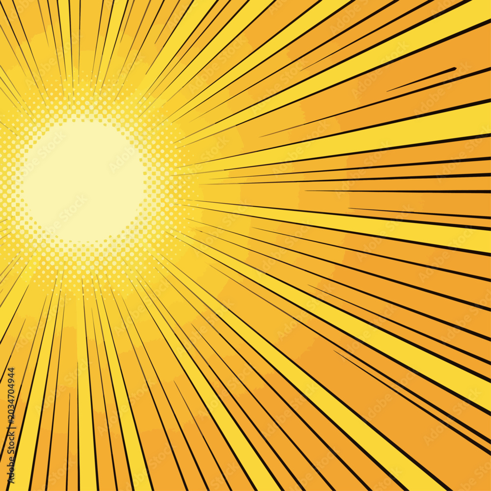 Obraz premium Vibrant yellow sunburst illustration radiates energy with dynamic lines