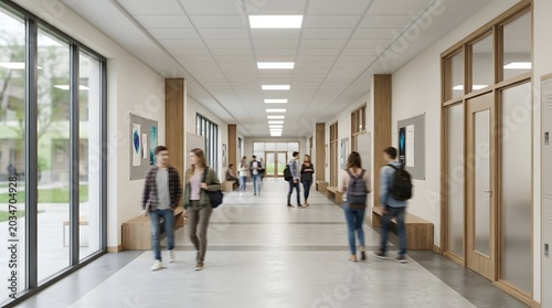 Modern School Hallway with Students Walking and Learning