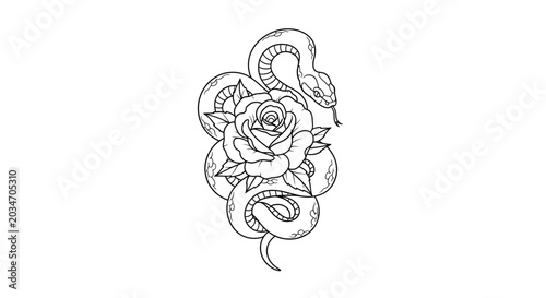 Εκτύπωση καμβά Snake and Rose Tattoo Outline, Mystical Floral Serpent Illustration