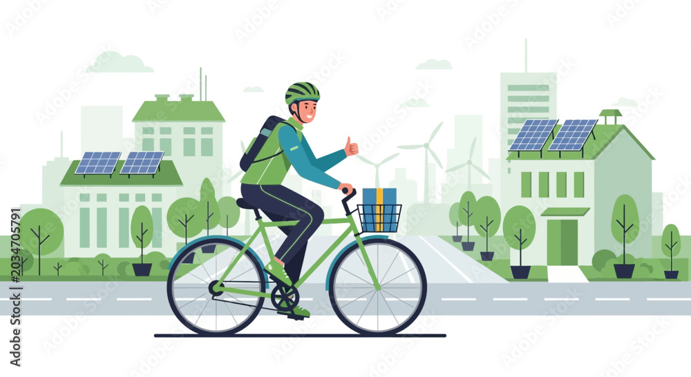 Naklejka premium Eco-friendly cyclist in green city with solar panels and wind turbines