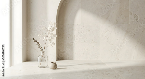 Minimalist interior mockup with dried honesty plant in a glass vase against a beige marble wall.