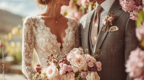 Bride and groom in elegant wedding attire stand close together, surrounded by blooming flowers, with the bride holding a bouquet of roses, showcasing a romantic outdoor wedding setting