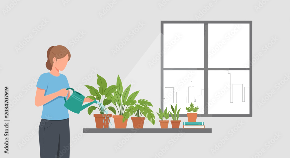 Fototapeta premium Woman watering houseplants on a windowsill with city view